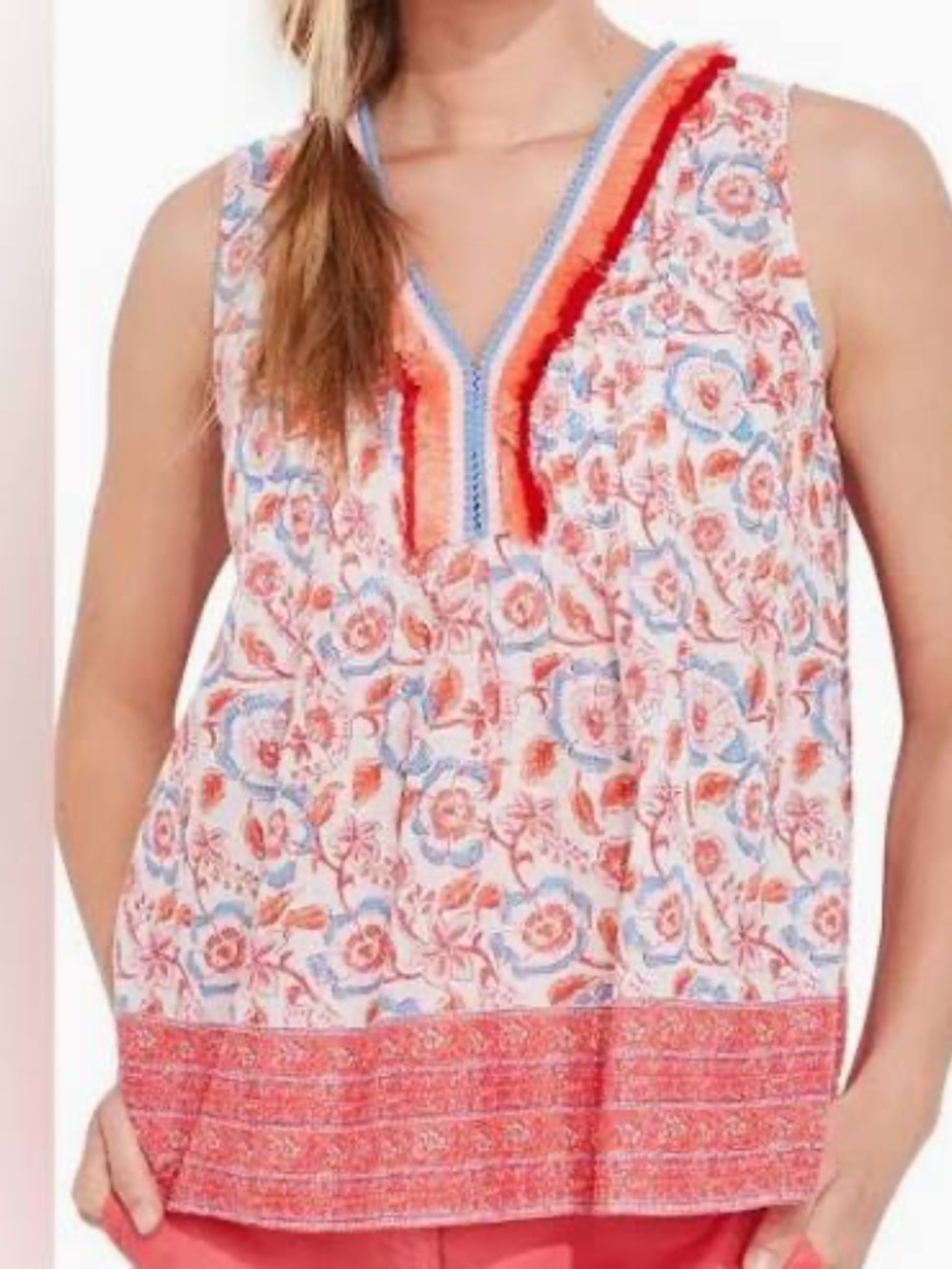 Vineyard Vines Women's Block Print Floral Pintuck Cotton Top-Size M- PapayaPunch
